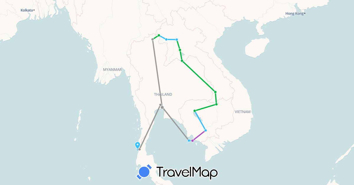 TravelMap itinerary: driving, bus, plane, train, boat in Cambodia, Laos, Thailand (Asia)